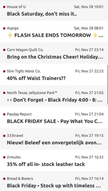 Screenshot of Black Friday spam in spam folder