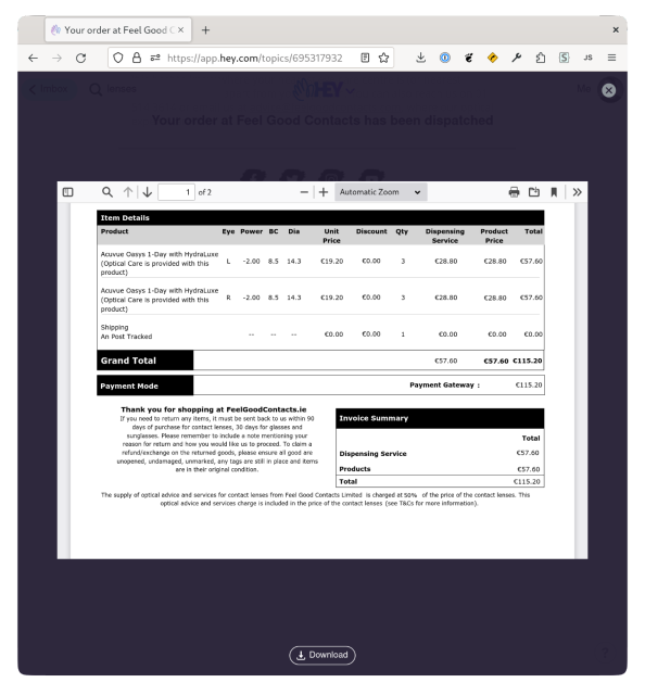 Screenshot of earlier invoice showing that I paid €115.20 for the lenses.