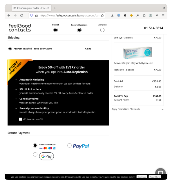 Screenshot of shopping basket after hitting the reorder button. Total to pay is €162.35

(Including an additional €3.95 shipping fee that wasn’t in the original. On the interface it reads: “An Post Tracked - Free over €9999”. And that’s not a typo, it really does say €9999.)