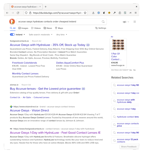 Screenshot of DuckDuckGo search, showing the Feel Good Contacts ad. Clicking through that gives you the discount.