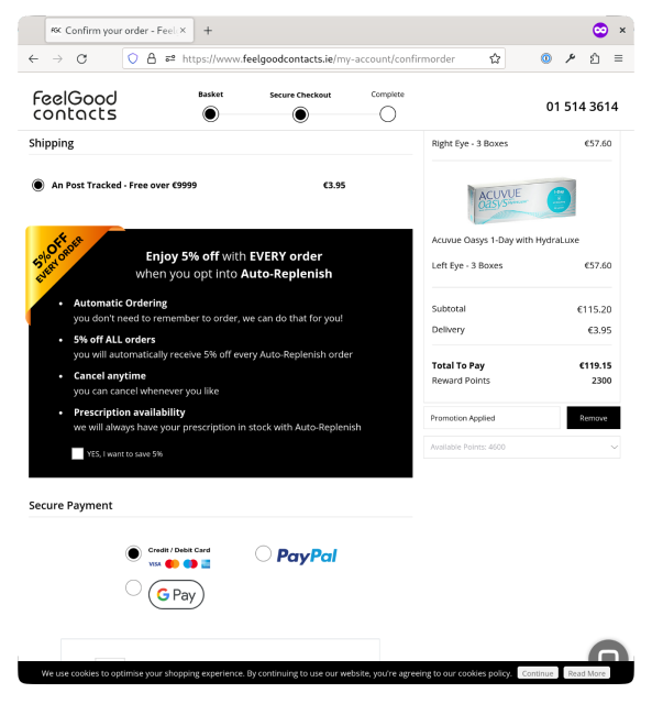 Screenshot of the shopping basket after adding the lenses having followed the link from DuckDuckGo. Total to pay is €119.15.