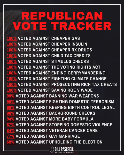Republican vote tracker

100% voted against cheaper gas
100% voted against cheaper insulin
100% voted against cheaper RX drugs
100% voted against child tax credits
100% voted against stimulus checks
100% voted against the voting rights act
100% voted against ending gerrymandering
100% voted against fighting climate change
100% voted against prosecuting rich tax cheats
100% voted against saving roe vs wade
99% voted against banning war weapons
99% voted against fighting domestic terrorists
96% voted against keeping birth control legal
96% voted against background checks
94% voted against more baby formula
87% voted against stopping domestic violence
84% voted against veteran Cancer care
77% voted against gay marriage
68% voted against upholding the election