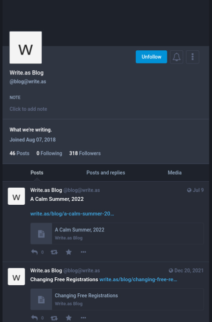 Screenshot of the @blog@write.as blog, as seen on Mastodon.