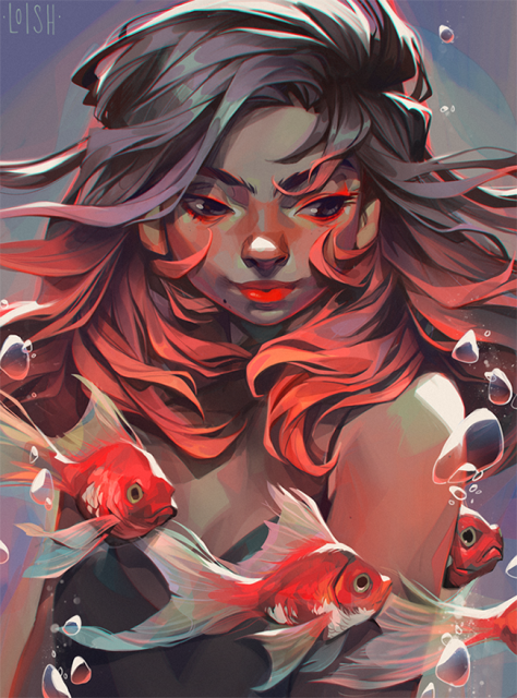 Semi-realistic painting showing a girl with pink hair and goldfish swimming below her