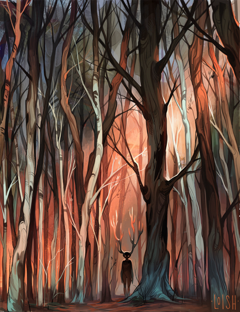 A digital painting showing a colorful forest with an antlered forest creature standing amongst them