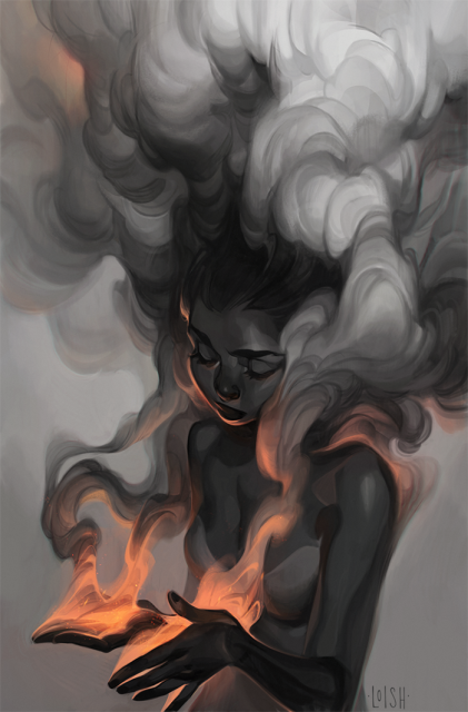 A digital painting of a girl with smoke rising from the palms of her hands 
