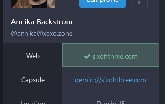 Screenshot of my Mastodon profile page, the link to my website has a checkmark and a green background.