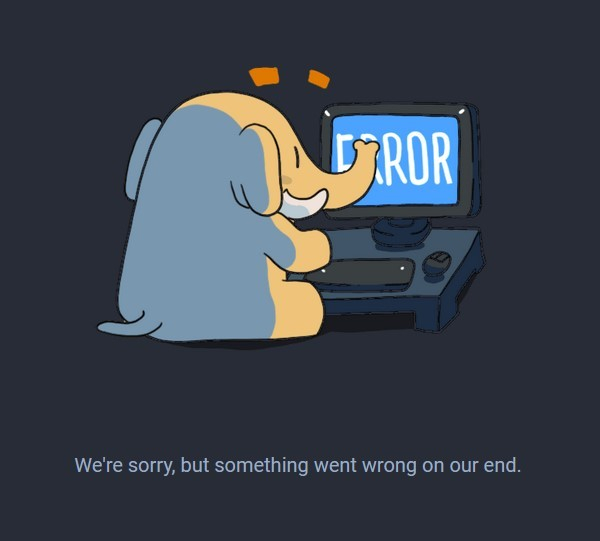 Mastodon error screen, showing a mastodon in front of a computer screen with the word ERROR shown in white text on a blue background. Underneath the image is the text, "We're sorry, but something went wrong on our end".