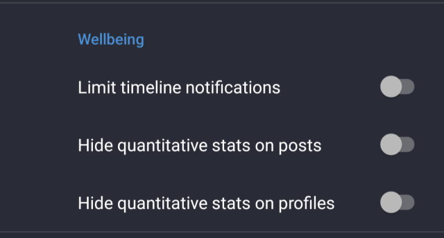 Screenshot of Tusky app's Wellbeing settings, letting you limit notifications or hide quantitative stats on profiles and posts.