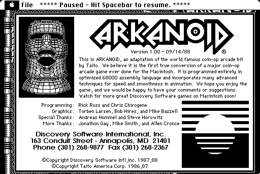 about box screenshot from "Arkanoid"
