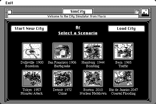 scenario selection screenshot from "SimCity"