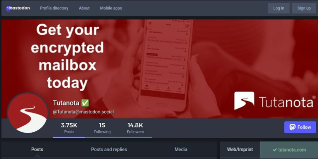 Screenshot of the Tutanota Mastodon profile.