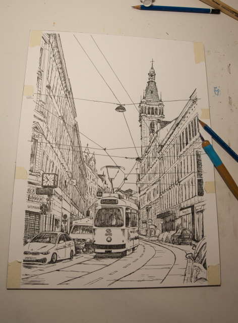 A black ink drawing on white paper showing a tramway in a street in vienna.