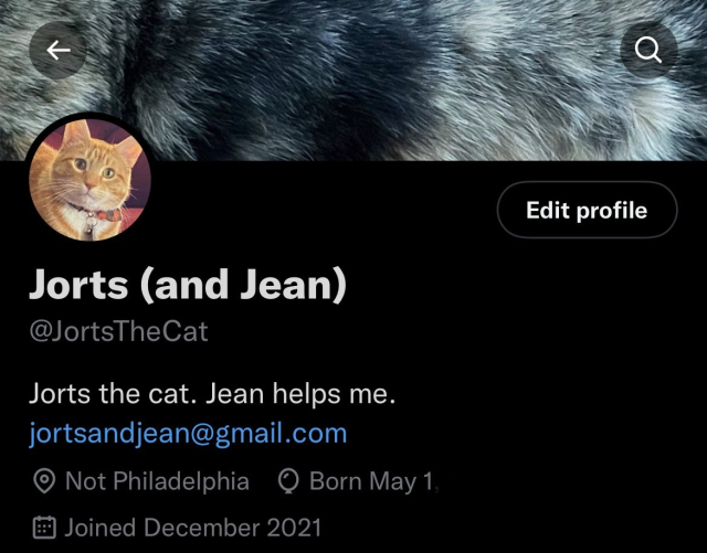 Screenshot of JortsTheCat twitter profile with the “edit profile” button proving its Jorts