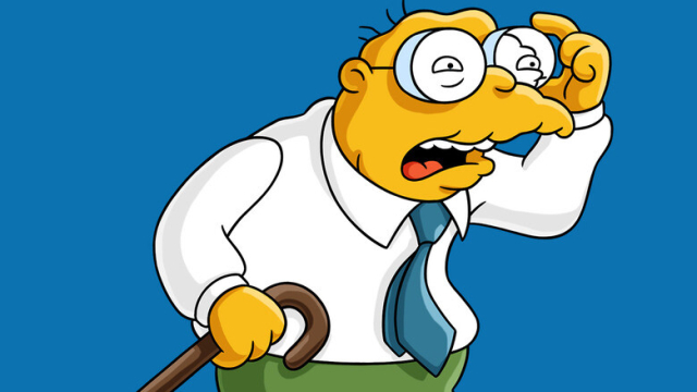 Simpsons character with thick glasses, tie, cane. Holding hand to glasses.