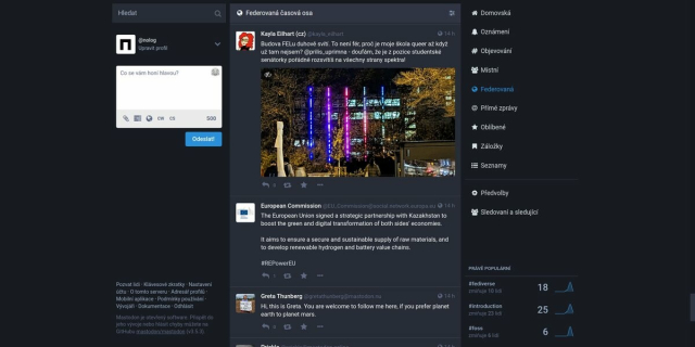 Screenshot rozhraní Mastodon