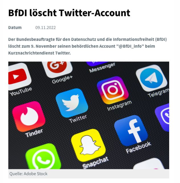Screenshot der „BfDI löscht Twitter-Account“-Meldung, in dem ein älteres Stock-Photo mit diversen Social-Media-Diensten zu sehen ist. YouTube, Google+, Tinder, Twitter, Instagram, Telegram, WhatsApp, Snapchat, Facebook…