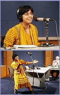 Top: Me, seated, in an orange tunic, smiling into a microphone. Bottom: me standing and gesturing at audience in front of microphone as the university's then-Chancellor Berdahl smiles while watching.