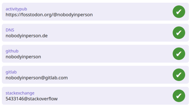 Screenshot of my Keyoxide profile, now the DNS entry also checkmarked in green ✅