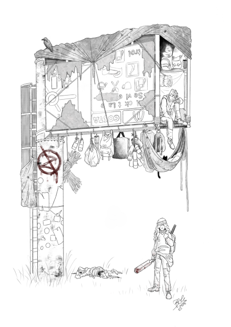 Digital. Black and white line drawing. A roadside digital information sign that has been turned into a make shift shelter during a zombie apocalypse. One trans man sits inside, legs hanging out, a trans woman stands beneath her weapon drawn. Half a zombie lays on the ground. A cat I can just be seen in the hammock hanging beneath the sign with all the water bottles and backspacks of supplies.