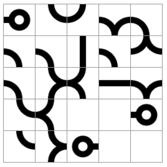 5x5 grid of various loops, the starting grid of a game of loops of zen.