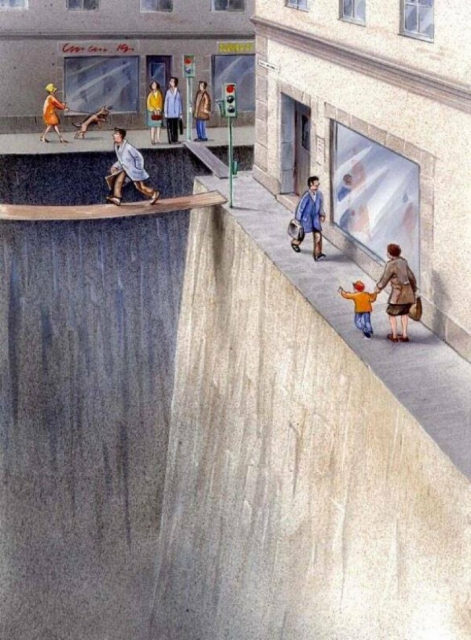 Illustration of a city street where the streets are gaping cliffs that disappear in their depth. Narrow sidewalks are on the sides of the vertical gaps. A board plank dangles as someone tries to cross the road. It feels dangerous and precarious. 