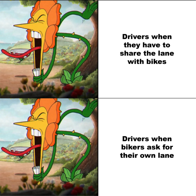 Angry flower meme, first half says Drivers when they have to share the lane with bikes.
Second half has the same angry flower and says "Drivers when bikers ask for their own lane."