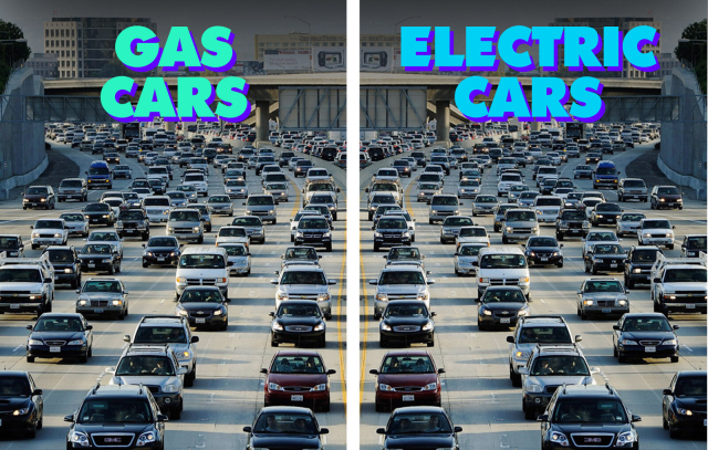 Left side of the photo is a traffic jam labelled Gas Cars.
Right side of the photo is the same traffic jam labelled Electric Cars. 