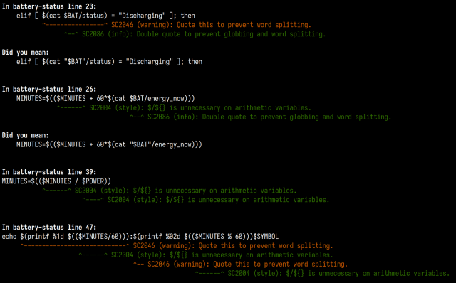 A shell script about displaying battery charge has several style suggestions and warnings.