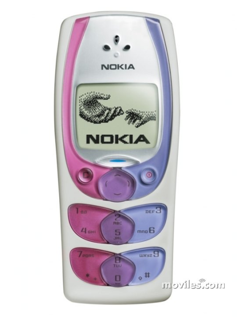 a Nokia 2230 brick phone that apparently comes in Bi Pride Flag colours by default. the main body of the phone is white, but there are stripes down either side of the screen that then covers the outside rows of an old-fashion 12-key phone keyboard. pink on the left, blue on the right, the middle keys are purple.