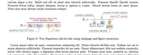 Two annotated equations side by side. 

Left equation: N_i = Q_p(t_{j+1} - t_j | for all j)

Q_p and for all j are in red boxes. t_{j+1} is in a blue box and t_j is in a brown box.

There is a long, red curly brace (sideways, pointing down) on top of the entire RHS of the equation with the annotation, "some annotation about the entire equation here". A blue arrow points to "t_{j+1}" from below with the annotation, "property of (j+1)^th item. A brown arrow points to "t_j" from the bottom right with the annotation, "j^th item" on the arrow.

The equation on the right:
X_i = 1/(Sigma{i=1}N Sigma{j=1}M_i(l^j_i/l^max))

N is in a purple box and we see a purple arrow pointing to it with the annotation, "number of objects" on top of the arrow. M_i is in a blue box with a blue arrow pointing to it with the annotation, "number of other objects" on the arrow. l^j_i is in a brown box with a brown arrow pointing to it and the annotation, "size of j^th service" on the arrow while l^max is in a green box and a green arrow pointing to it (from below) with the annotation, "maximum obj size" on the arrow.