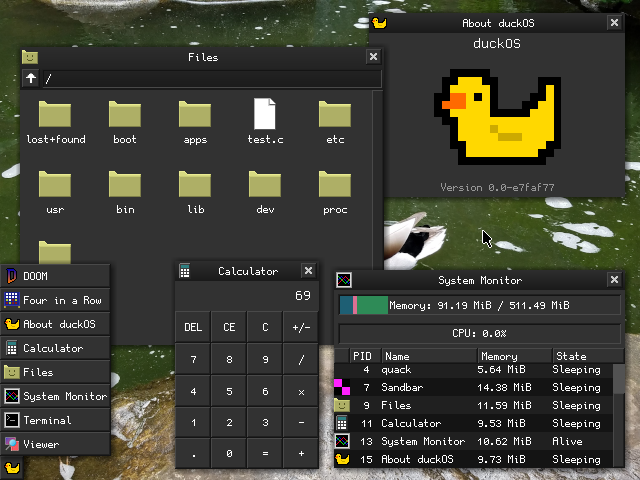 Screenshot of a hobby operating system with a few application windows open.