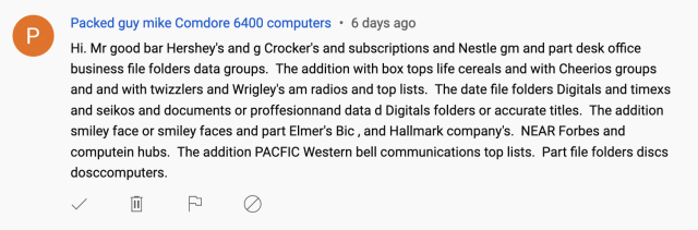 A very long, nonsensical spam comment on YouTube