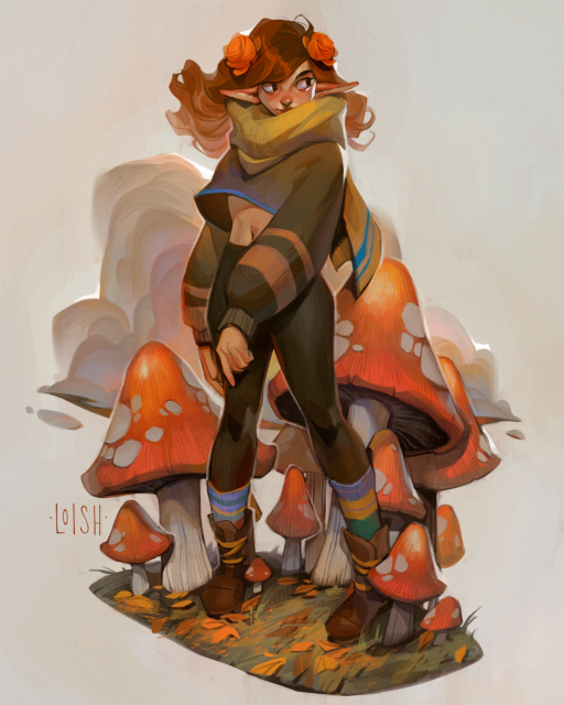 An elf with a crop top sweater and scarf surrounded by mushrooms