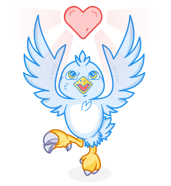 A cartoon-style illustration of Roc, a mythical bird. Roc has his wings up towards the sky and is looking at a heart above its head. 