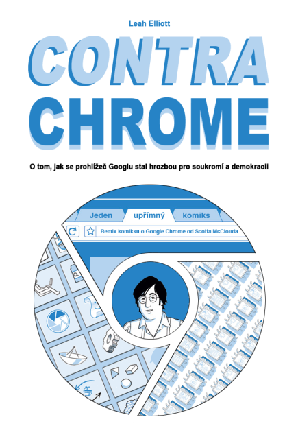 Obálka mého komiksu "Contra Chrome".
Vypravěče vidíte uprostřed tří panelů, uspořádaných jako logo prohlížeče Chrome. Uvnitř těchto panelů jsou motivy z komiksu: karty prohlížeče, ikony a webové stránky s malými nožičkami lezoucími jako hmyz.