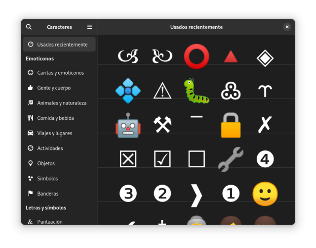 GNOME Characters application displaying UNICODE characters used recently by the user.