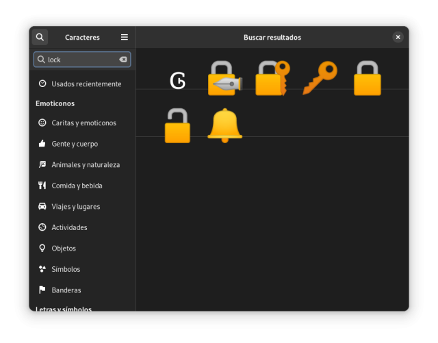 GNOME Characters application displaying search results for the word "lock".