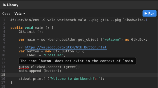 A screenshot of Workbench demonstrating diagnostics on incorrect Vala code.