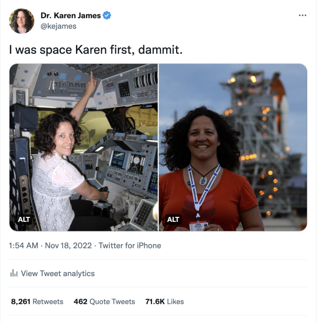Screen grab of my viral tweet, "I was space Karen first, dammit"