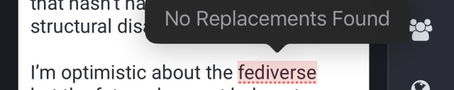 A screenshot of a spell checker highlighting the word “fediverse” and reporting “no replacements found”.