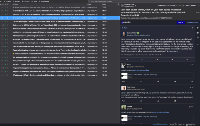 A screenshot of posts within the open source hashtag on Mastodon being read with Thunderbird, thanks to RSS. 