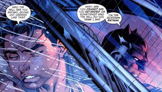 A panel from Frank Miller's All Star Batman and Robin, the Boy Wonder.  Robin is crying and saying to Batman "Who the hell are you anyway, giving out orders like this?" and the Batman replies "What are you dense? Are you retarded or something? Who the hell do you think I am?  I'm the goddamn Batman."