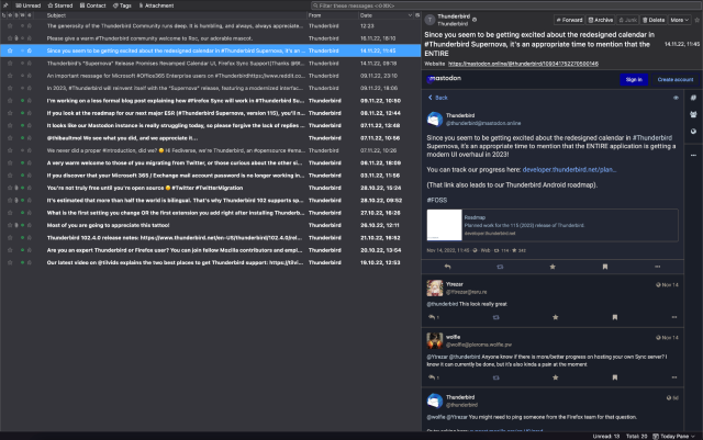 Screenshot - Thunderbird/RSS feed z Mastodonu.