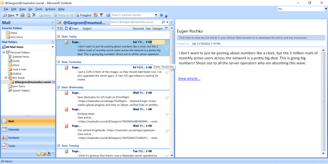 Screenshot - Outlook/RSS feed z Mastodonu.