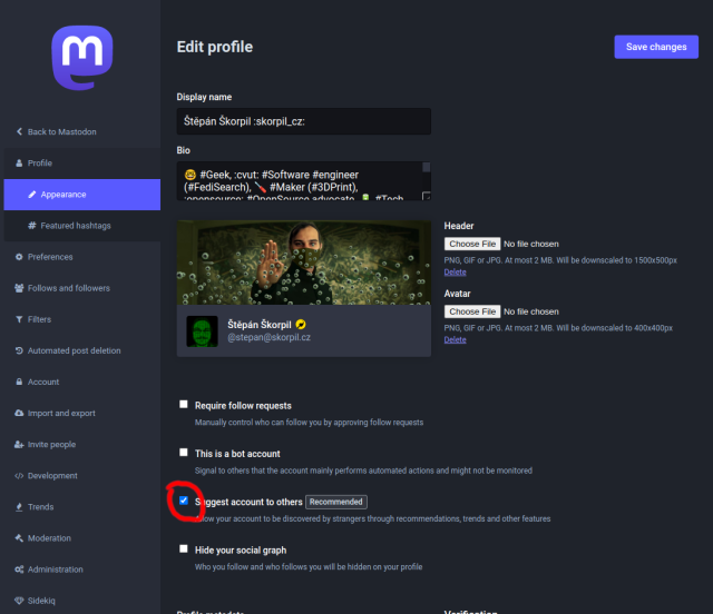 Screenshot of Mastodon web, showing Profile Appereance preferences with the enabled checkbox labeled Suggesst account to others