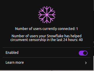 Status of the Snowflake addon, showing 1 user currently connected and 40 served altogether during the last 24h