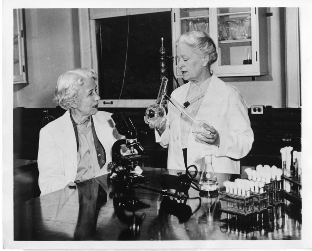 Photo of Rachel Fuller Brown (standing) and Elizabeth Hazel. The photo is black and white. They are both wearing white lab coats and have gray or white hair. Brown is holding a flask and another piece of chemistry equipment. She is looking into the neck of the flask. Hazel is seated in front of a microscope.