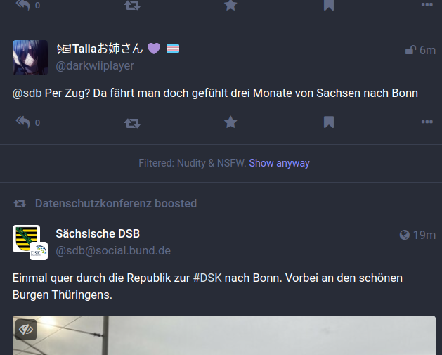 Screenshot of parts of a mastodon home timeline. In the centre, a small section says "Filtered: Nudity & NSFW" with an option to "Show anyway"