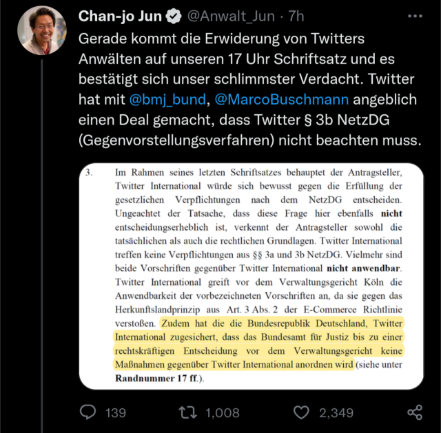 Tweet von Anwalt Jun: Gerade kommt die Erwiderung von Twitters Anwälten auf unseren 17 Uhr Schriftsatz und es bestätigt sich unser schlimmster Verdacht. Twitter hat mit 
@bmj_bund
, 
@MarcoBuschmann
 angeblich einen Deal gemacht, dass Twitter § 3b NetzDG (Gegenvorstellungsverfahren) nicht beachten muss